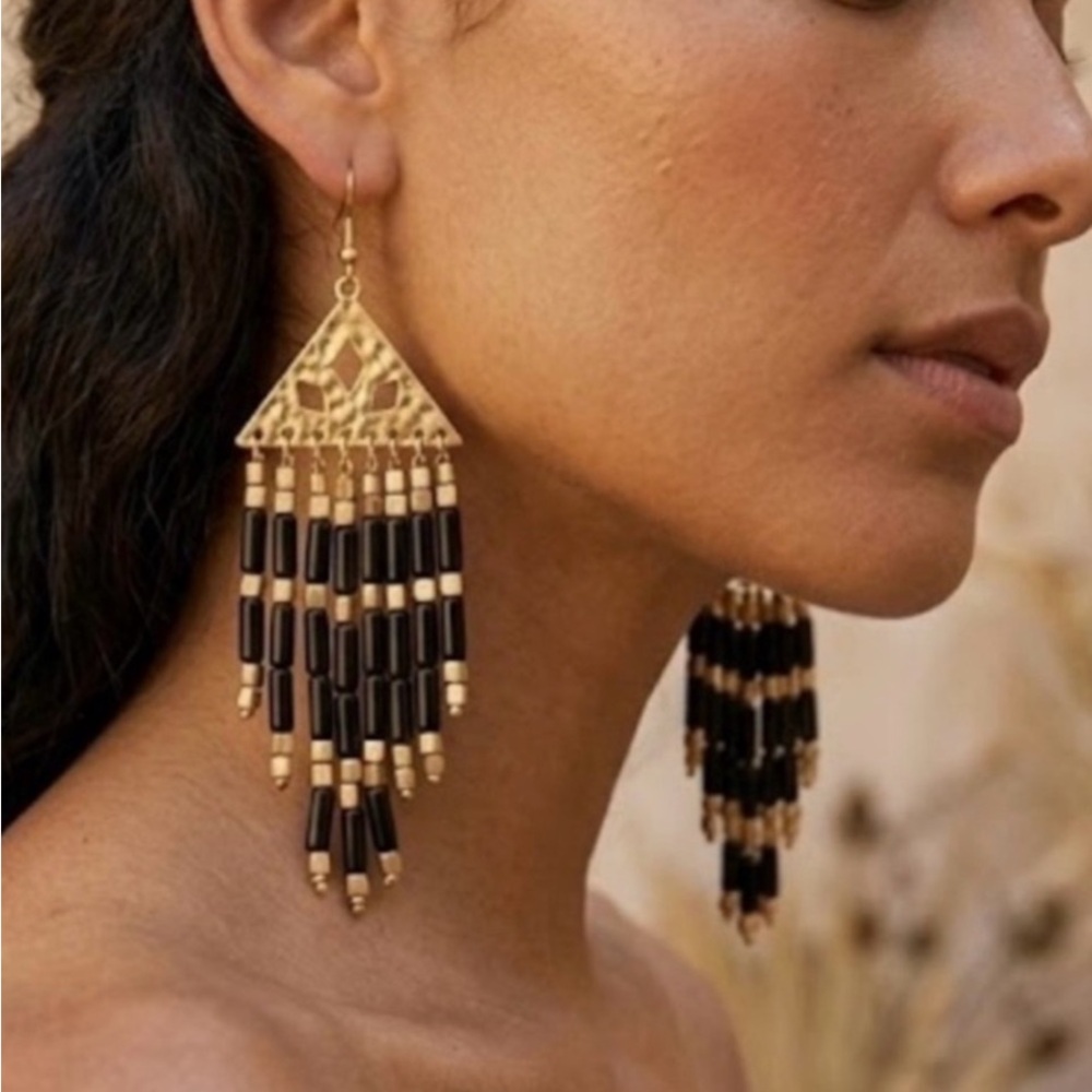 Plunder Simon Beaded Black Gold Earrings (NIP)